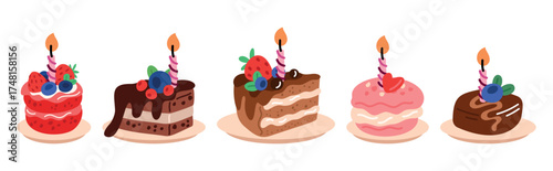 Pieces of birthday cake with candles. Holiday dessert. Fruit with chocolate glaze and frosting. Sweet food for celebration. Delicious pie. Cupcake and muffin. Vector confectioneries set
