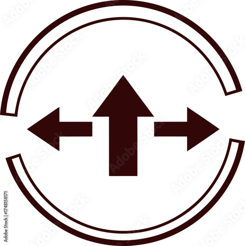Arrow symbol showing direction choices or options within a circular frame, concept for decision making or multiple paths, vector illustration for icon