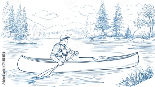 Man Canoeing Recreation in Nature Vector Illustration Isolated