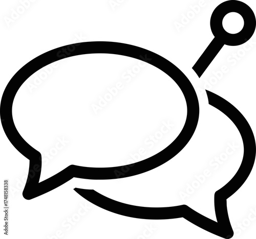 Two speech bubbles with a microphone fishing line, concept of eavesdropping or monitoring conversation. Flat outline vector icon for web design, app, ui
