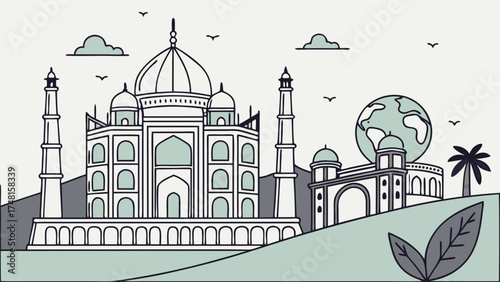 Architectural Landmark Illustration Global Travel Dome Minaret Muslim Islamic World Heritage Site Monument Travel Poster Tourism Vacation Journey Exotic Culture Heritage History A.