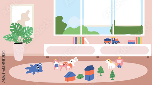 Interior of childrens daycare playroom with soft toys and educational games. Nursery empty room. Plush teddy and play cubes on carpet. Kindergarten indoor playground. Vector background