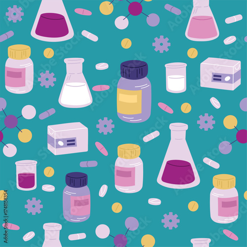 Medicines for treating diseases. Pharmacy seamless pattern. Medical tablets. Vitamin capsules. Drops and syrups. Repeated print. Remedy pill. Pharmaceutical drugs. Vector background