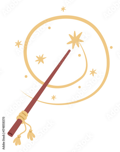 Icon of magic wand with stars. Magician stick granting wishes. Fairytale witch. Wizard miracle. Illusionist trick. Sorcerer making spell. Sorcery incantation sparkles. Vector concept