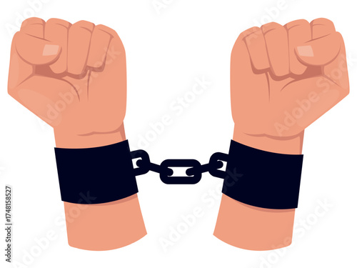 Human hands in shackles or handcuffs. Slavery chain. Prisoner punishment. Hostage or slave rebellion. Bounded arms. Bondage victim gesture. Vector concept of lack of freedom and equality