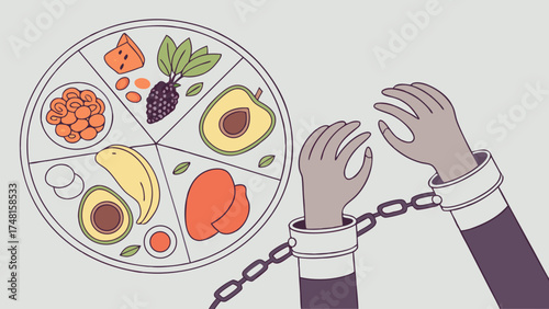 Healthy Eating Habits Dietary Restrictions Food Addiction Chain Hands Illustration Concept Art.