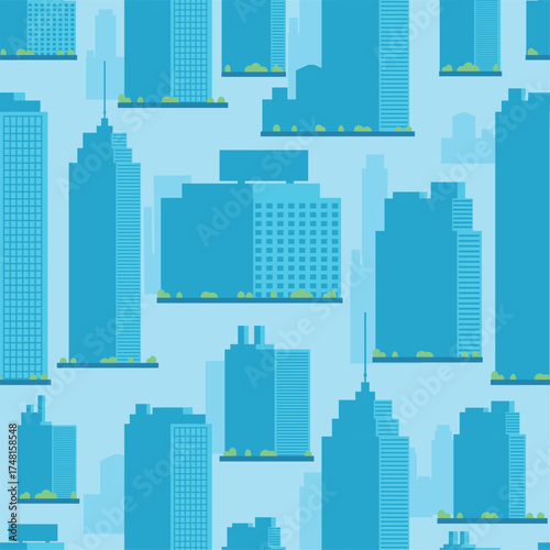 Highrise urban multistory buildings. Skyscrapers seamless pattern. Urban landscape with residential houses. Repeated print. Town architecture. Condominium and office. Vector background