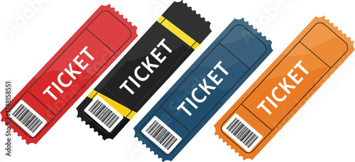 Colorful ticket illustration set, event admission vector, barcode entry design, entertainment pass clipart, promotional access icons, vibrant ticket graphic collection