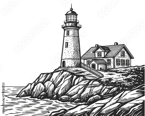 Vintage Hand-Drawn Lighthouse on Rocky Cliff – Black and White Ink Sketch Illustration. dramatic black and white drawing of a lonely lighthouse on a rocky coast.
