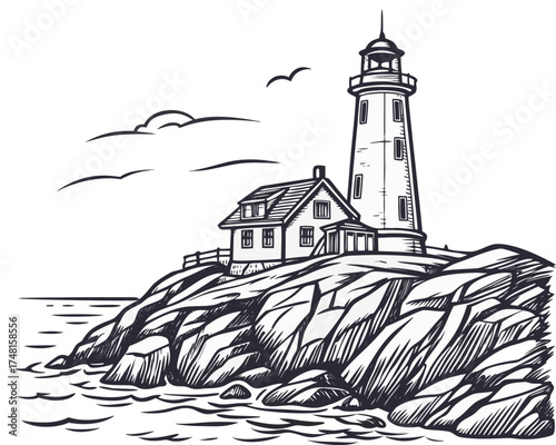 Vintage Hand-Drawn Lighthouse on Rocky Cliff – Black and White Ink Sketch Illustration. dramatic black and white drawing of a lonely lighthouse on a rocky coast.