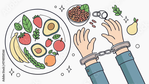 Healthy eating habits chained hands reaching for fruit and vegetables diet concept illustration.