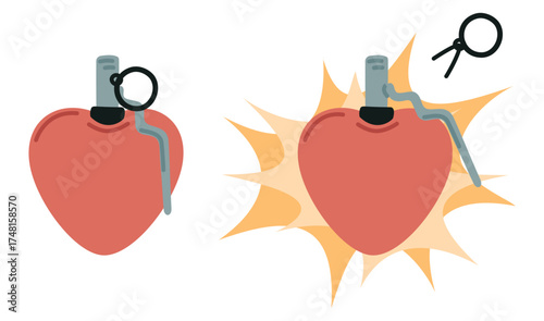 Heart shaped army fragmentation grenade. Love bomb. Romantic feeling explosion. Amour and passion expression. Gunpowder detonation. Dynamite blast pin. Valentine attack. Vector concept
