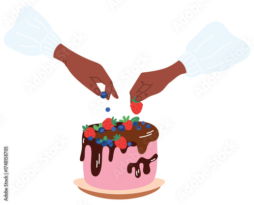 Hands of pastry chef decorate cake with candied or fresh fruit. Cook arms putting berries in chocolate glaze. Baking dessert. Confectionery preparing. Holiday food cooking. Vector concept