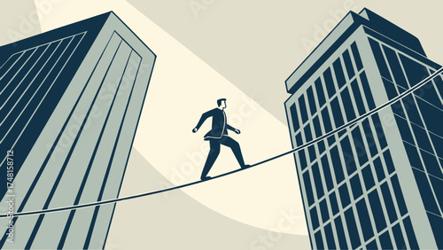 Businessman walking tightrope between skyscrapers risk challenge balance success career ambition corporate vector illustration.