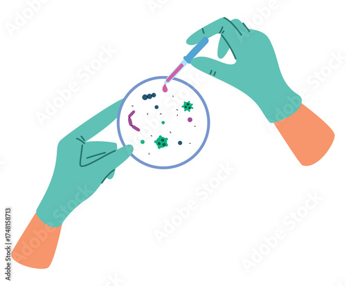 Hand of microbiologist wearing glove holds Petri glass dish and pipette. Laboratory science experiment. Microbe medical research. Microbiology analysis. Lab equipment. Vector concept