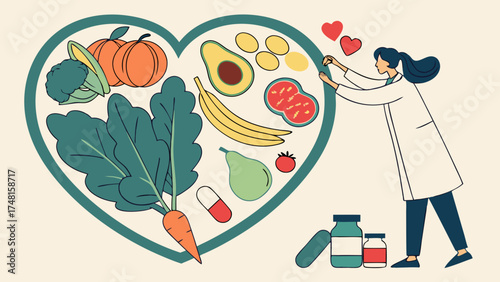 Heart-shaped arrangement of healthy food and supplements with a healthcare professional.
