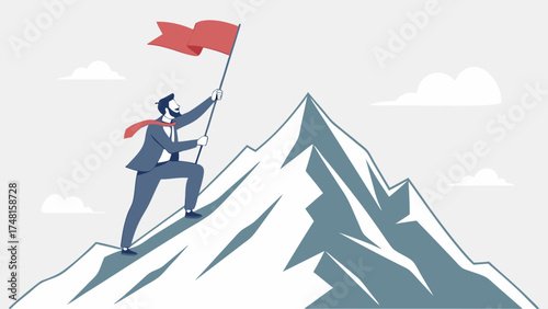 Businessman Reaching the Summit Holding a Flag Success Achievement Goal Mountaintop Illustration.