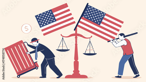 Businessmen Carrying Luggage and Flags Near Scales of Justice Illustration.
