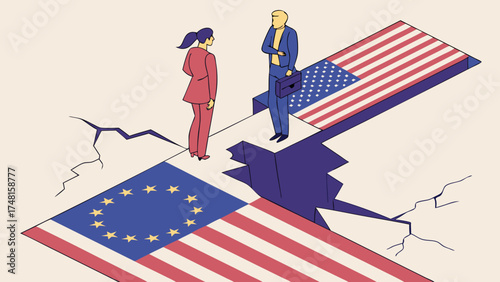 Businesspeople Bridging a Divide International Relations Cooperation and Negotiation Illustration.