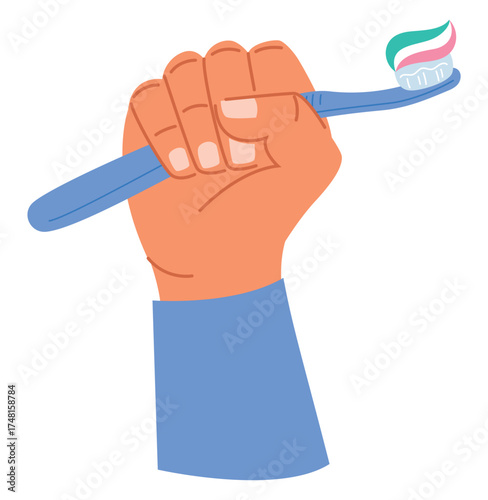 Hand holds toothbrush with toothpaste. Teeth clean. Oral hygiene and caries prevention. Daily morning routine. Fresh breathing. Squeezed paste. Healthy habit. Vector symbol of dental care