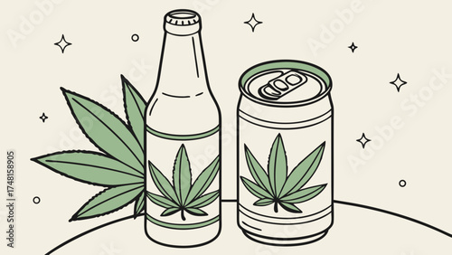 Cannabis Beverage Illustration Bottle and Can with Marijuana Leaf Design.