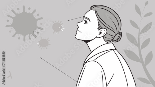 Illness virus infection disease healthcare medical woman person profile side view worried concerned anxious fear stress anxiety health sickness unwell vulnerable gray monochr.