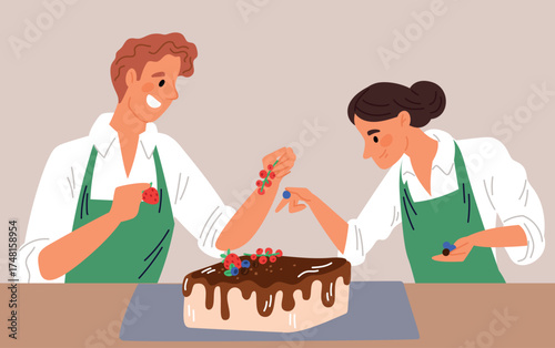 Couple in love man and woman baking cake together for celebration. Happy chef preparing dessert. People cooking sweet pie with chocolate. Family at kitchen. Romantic cook. Vector concept