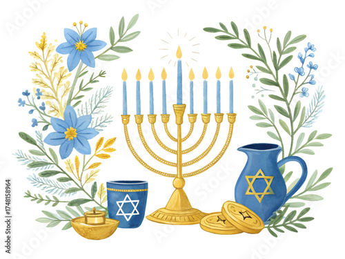 Golden menorah with lit candles, blue cups, oil lamp, and chocolate coins, surrounded by floral branches isolated on transparent background