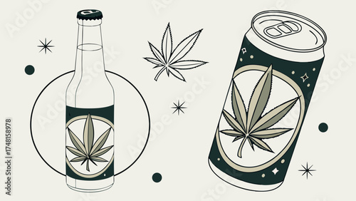 Cannabis beverage hemp drink marijuana leaf bottle can packaging design vector illustration graphic design drink label cbd product alcohol-free beverage healthy drink alternative beve.