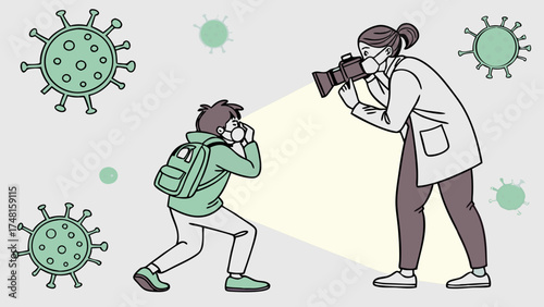 Illustration of a person in a face mask being photographed by a person in a lab coat amidst virus icons.