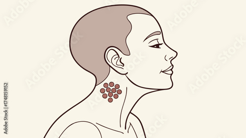 Illustration of a persons neck with a cluster of circular marks medical diagram healthcare dermatology skin condition symptom vector art.
