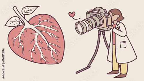 Illustration of a scientist photographing a stylized anatomical heart with a large camera on a tripod.
