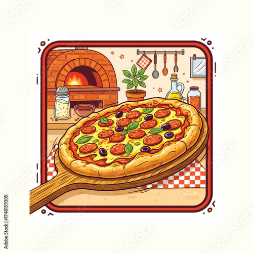  Freshly Baked Pepperoni and Olive Pizza from a Brick Oven
