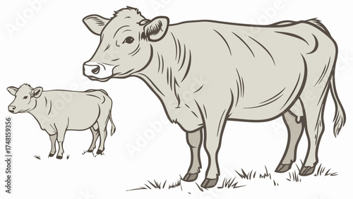 Illustration of Cow and Calf Farm Animals Livestock Agriculture Dairy Cattle Bovine Rural Scene Countryside Nature Grazing Pasture Meadow Field Animal Drawing Line Art Sketch Gra.