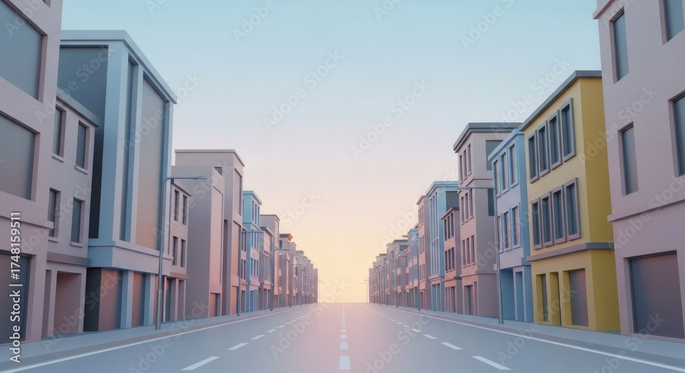 Obraz premium Empty city street with colorful cartoon-style buildings stretching into the horizon creating a deep perspective at sunrise