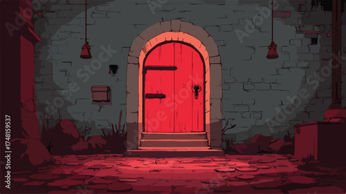 Enigmatic Red Door Underground Room Background Vector for Designs and Projects