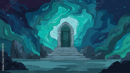 Mystical Teal Cave Shrine Fantasy Game Background Illustration