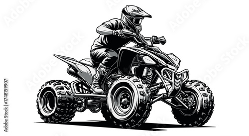 Black and white illustration of a person riding a quad bike, isolated on transparent background