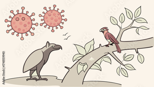 Cartoon illustration of virus bird and bird of prey on branch.
