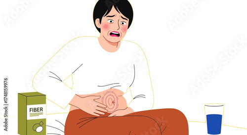 Woman experiencing abdominal pain with fiber supplement and water nearby for digestive relief and improved gut health