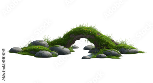 Realistic Stone Arch Bridge Over Stream with Green Grass and Yellow Flowers Isolated