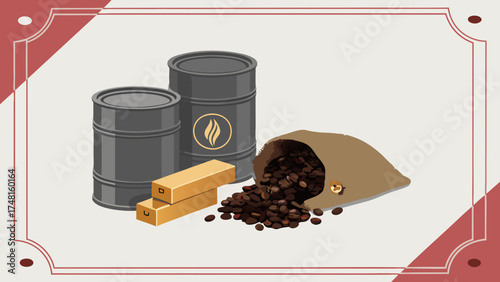 Commodity Goods Oil Barrels Gold Bars Coffee Beans in Burlap Sack.