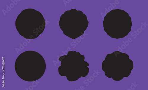 Six black silhouettes of irregular shapes on a purple background