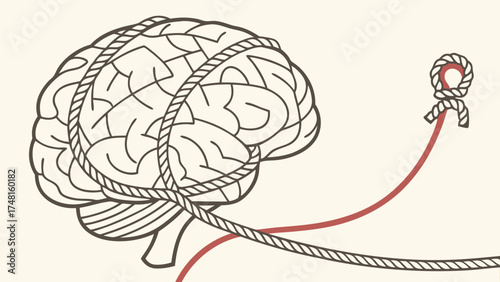 Conceptual illustration of a brain tied with rope representing mental constraints or challenges.