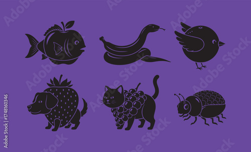 Whimsical silhouettes of animals and objects on purple background