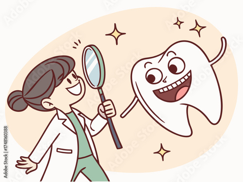 Cartoon Dentist Inspecting a Happy Sparkling Tooth with a Magnifying Glass in a Lighthearted Scene