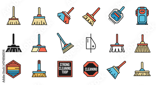 A collection of diverse illustrated cleaning tools, including various types of brooms, brushes, and dustpans, presented in a clean, flat design style.