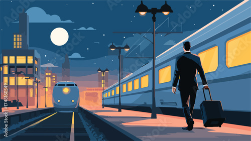 Professional Businessman Walking at Night Train Station - Travel Transport