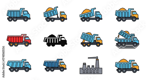 A collection of colorful cartoon dump trucks in various poses, some loaded with sand or dirt, alongside an industrial factory illustration.
