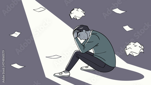 Depressed person sitting on the floor with papers around them stress and anxiety concept illustration.